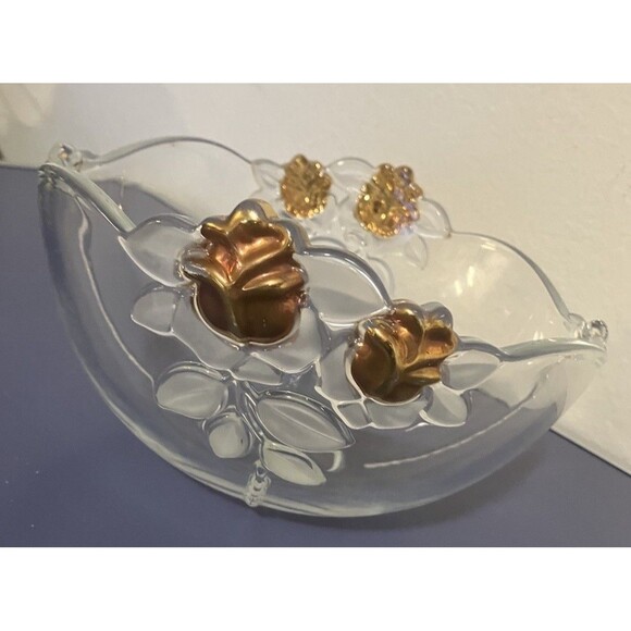 Vintage Mikasa Gilded Rose Gold Accented Frosted Leaf Crystal Clear  fruit Bowl - Picture 12 of 16
